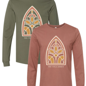 The Yoga Abbey logo long sleeve tee in chestnut and military green