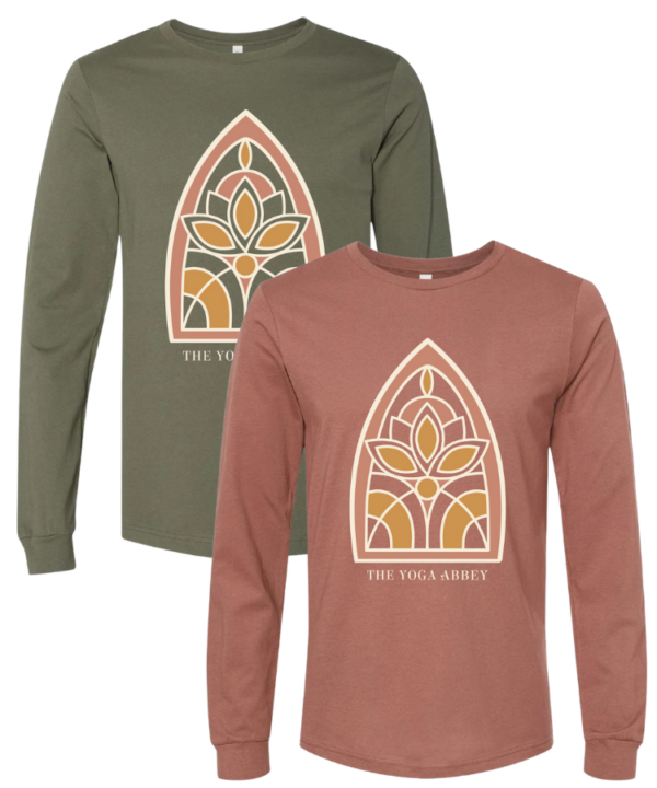 The Yoga Abbey logo long sleeve tee in chestnut and military green