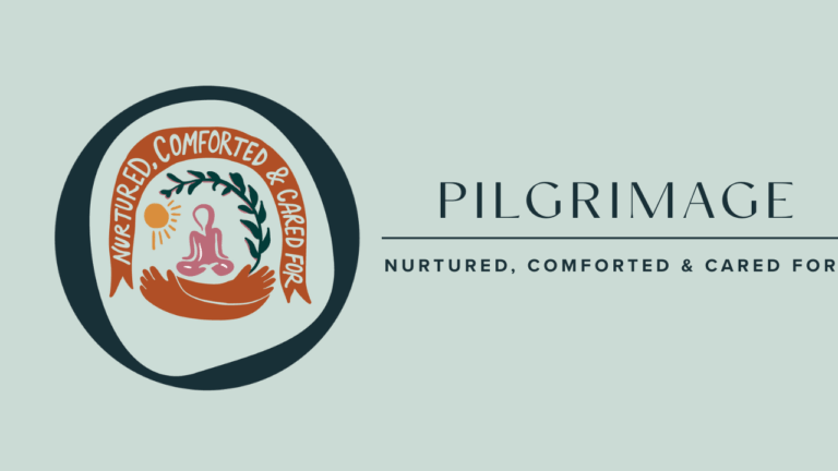 Pilgrimage image onLight mint green background with nurtured, comforted and cared for image