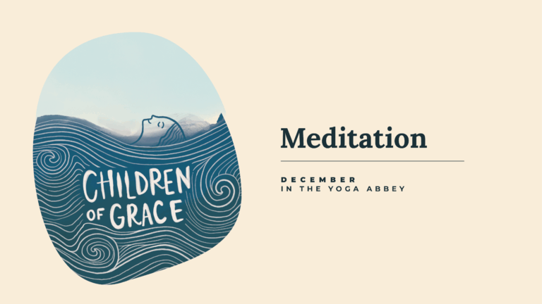 Meditation image with tan background with image of person floating in blue waves with the words Children of Grace.