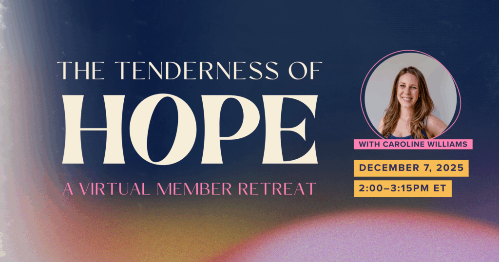 Midnight blue, pink, orange, and peach swirl background with title The Tenderness of Hope