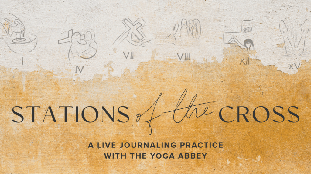 Stations of the Cross orange and tan background with images of the stations Jesus navigates through towards the cross video cover