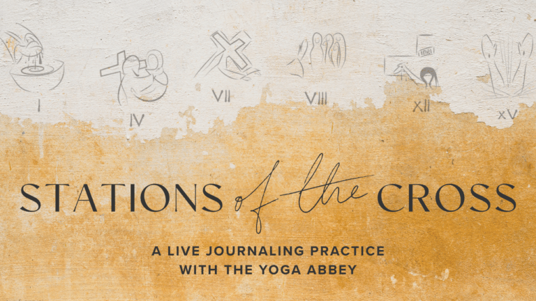 Stations of the Cross orange and tan background with images of the stations Jesus navigates through towards the cross video cover