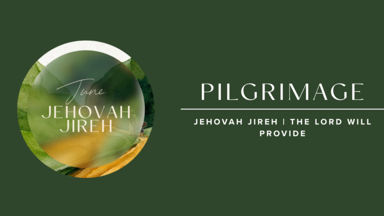 June 2026 Pilgrimage Jehovah Jireh green rectangle with circle that has shades of green like grass with a worn tan walking path through it